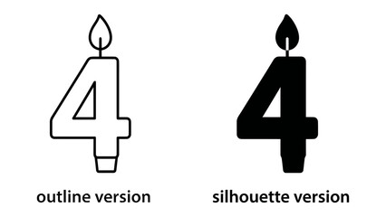 Fototapeta premium Birthday Candle Number Four: Two stylized birthday candles shaped as the number '4', one in an outline version and the other a silhouette, both with a lit flame.