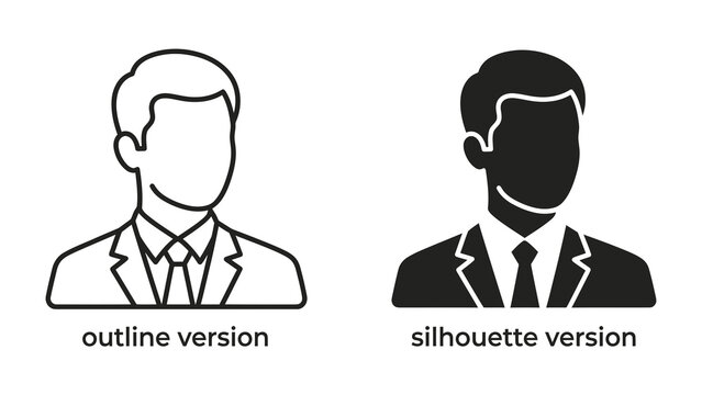 Business Iconography: A duo of professional male icons, one presented in an outline sketch and the other as a solid silhouette, both adorned in formal business attire.