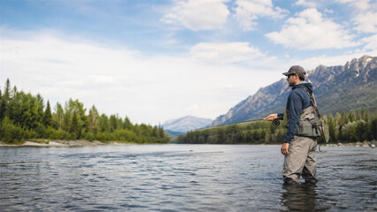 Fototapeta premium Fly fisherman wading through a clear mountain river with fishing rod backpack evergreen forest rocky peaks and bright summer sky in a scenic wilderness outdoor adventure setting for sport fishing