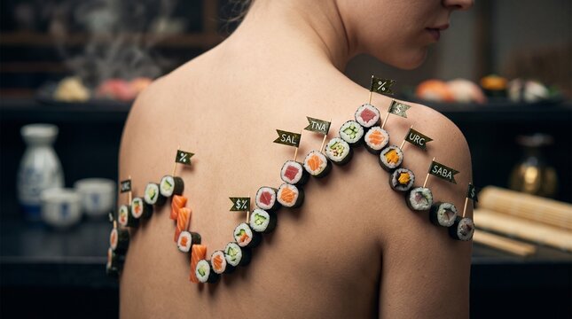 Macro photo of woman with sushi rolls satire showing woman's features showing delicate skin pores natural beauty details and high-resolution skin texture with professional studio lighting