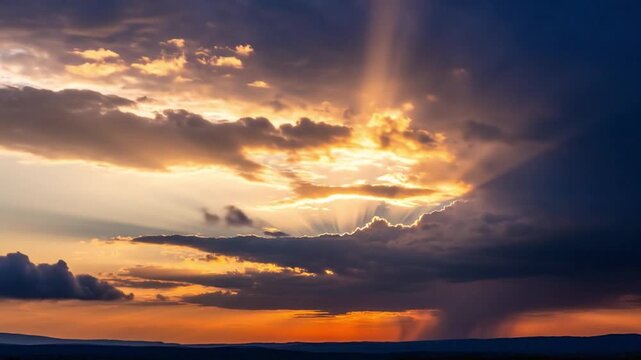 Golden sunbeams break through dark storm clouds during a dramatic and vibrant sunset sky landscape.