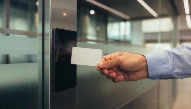 Close-up of a hand tapping a white RFID card on a smart door lock system inside a modern corporate building, showcasing technology, authentication, and workplace authorization.