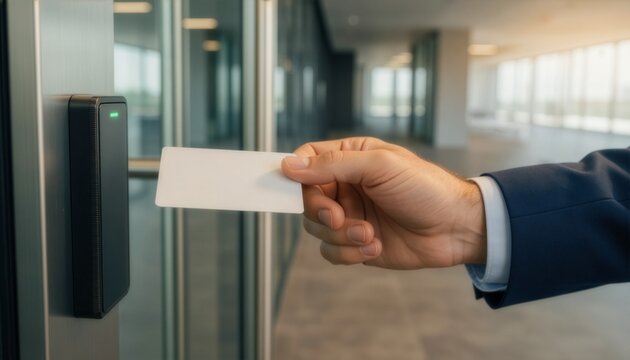 An employee using a contactless proximity card reader to unlock an office entrance door, highlighting electronic access control systems and high-tech security solution in a workplace.