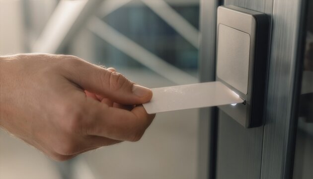 A businessman holding a blank white keycard to scan at an electronic reader on an office glass door, representing modern corporate security, access control, and workspace safety.