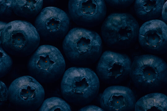 Close-up of fresh blueberries arranged in a dark, moody composition, highlighting their deep blue color, natural bloom and star-shaped crowns for a rich food photography background.