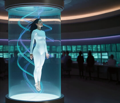 Woman floats inside a glowing, cylindrical glass stasis chamber filled with cyan liquid and swirls of light. Group of scientists work at monitoring terminals in the high-tech control room background