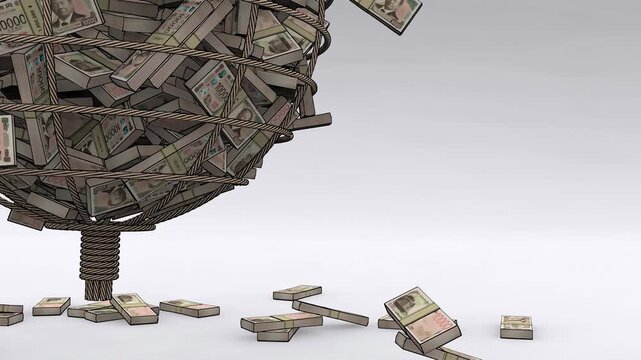 A big catch of 10000 japanese yen banknotes swinging in a fishing net