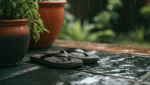 Flip Flops Left Out in the Rain on a Wet Patio.