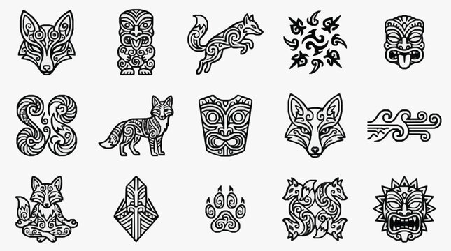 Collection of tribal fox and tiki mask vector icons featuring Polynesian-inspired line art with Maori koru patterns, animal silhouettes, spiritual masks, and nature symbols on a plain background.