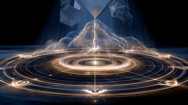 Ancient greek divine order abstract light grid, golden light network in deep space, greek symbolic light patterns, rotating platonic solids, sacred rational cosmic view, commercial asset for exhibitio