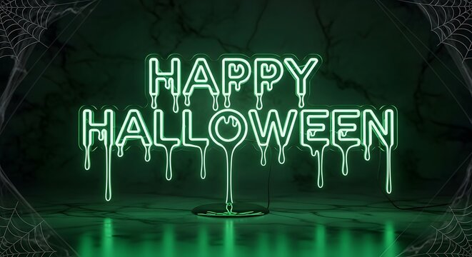 Green neon sign with dripping happy halloween text on a dark marble background with spider webs in corners