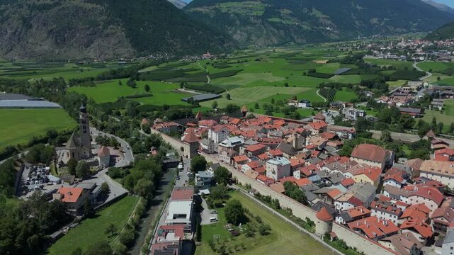 Drone Lateral Flight Over Glurns Medieval Walled Town South Tyrol Italy