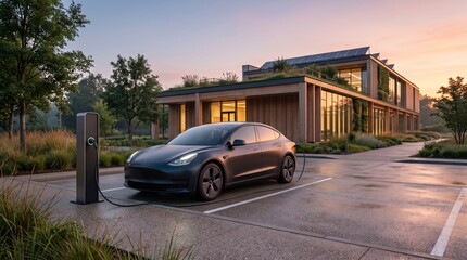 Naklejka premium Electric car parked at a modern charging station in front of an eco-friendly office building with a green roof, representing sustainable transportation and renewable energy infrastructure at sunset.