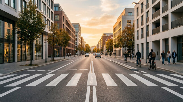 Urban streetscape with crosswalk and modern buildings at sunset