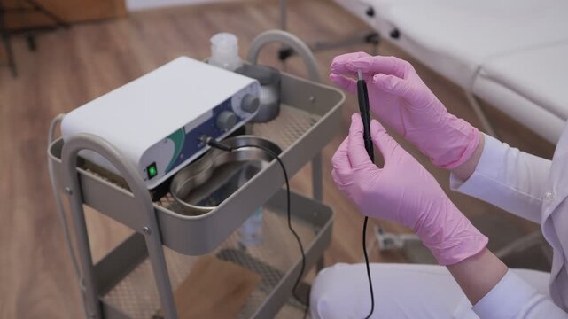 Beautician preparing electroepilation needle for hair removal