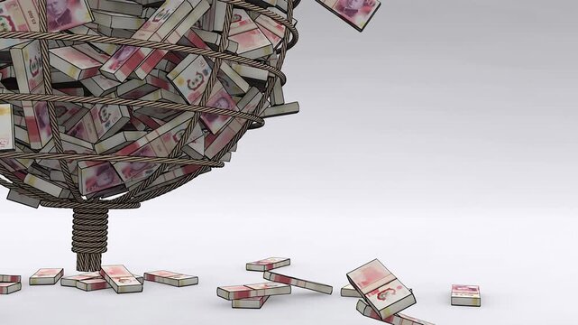 Large catch of british pound sterling banknotes swinging in a fishing net