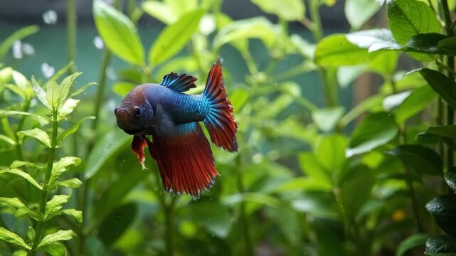 Vibrant blue and red Betta fish gracefully swimming in a lush green freshwater aquarium.