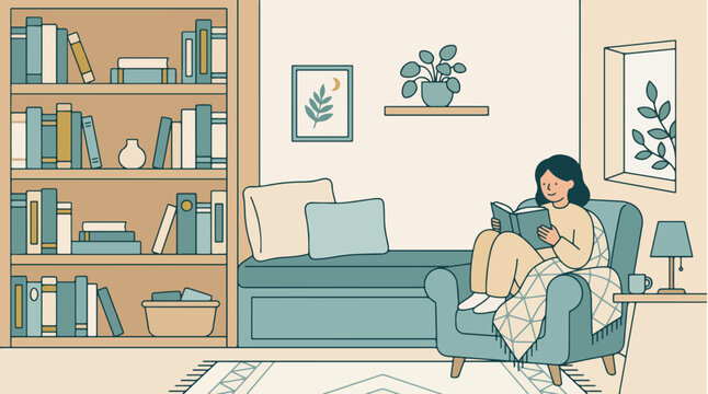 Girl Reading a Book in Cozy Living Room, 2D Illustration