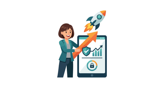 Wanita Bisnis Dorong Roket Statistik Keamanan Keuangan Maju Meluncurkan Konsep Startup