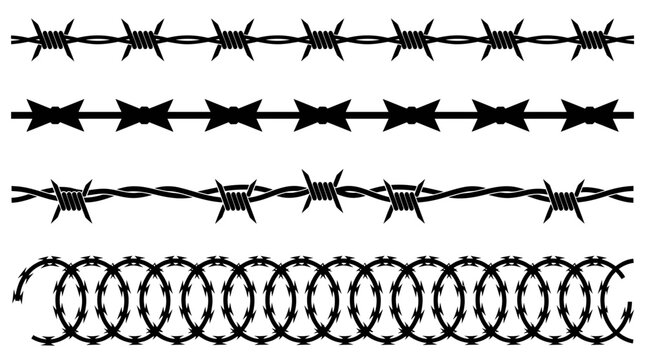 Black barbed wire silhouette collections featuring sharp metallic spikes in horizontal rows for security border fencing