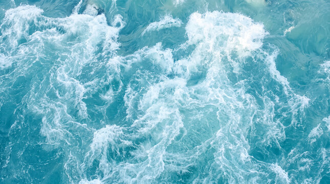 Abstract view of turbulent turquoise ocean water, with white foam and swirling patterns creating a dynamic and refreshing texture.
