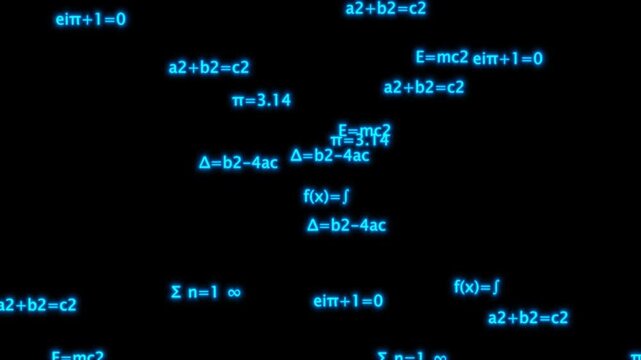 Blue glowing mathematical formulas and equations floating animation loop
