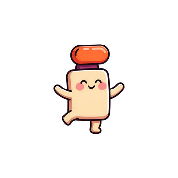 Cute happy cartoon character with an orange pill on its head dancing with a joyful expression