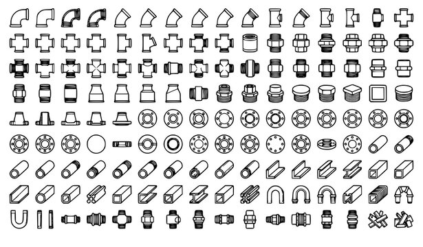 Industrial Steel Pipe Tube Threaded Fittings Black Outline Vector Collection