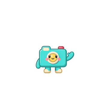 Cute pixel art camera character waving hand in a friendly and happy cartoon style illustration