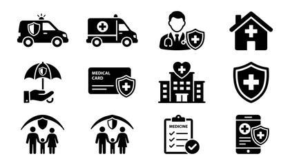 Fototapeta premium Medical and Healthcare Icons Set Including Ambulance, Hospital, Protection, Family, Medicine, and Insurance Concepts