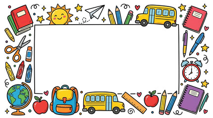 Naklejka premium Back to school supplies frame with yellow school bus globe backpack apple notebook pencil pen scissors and sun illustration for education design