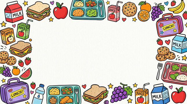 Back to school lunch frame with sandwich juice milk fruit cookie and meal tray colorful doodle style for kids happy and healthy food design