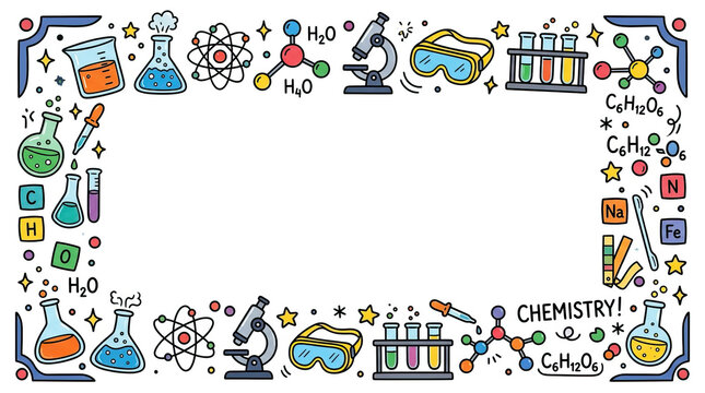 Back to school science frame with colorful chemistry lab equipment and molecular structure doodles creating fun and educational border for learning