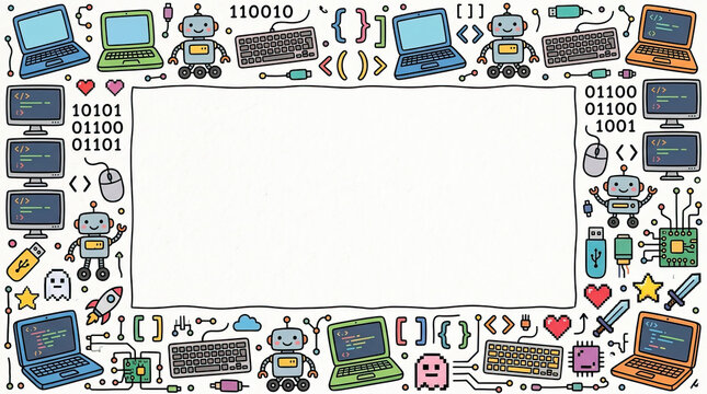 Back to school technology frame with laptop computer robot keyboard and coding icons in colorful doodle style for education and programming concept