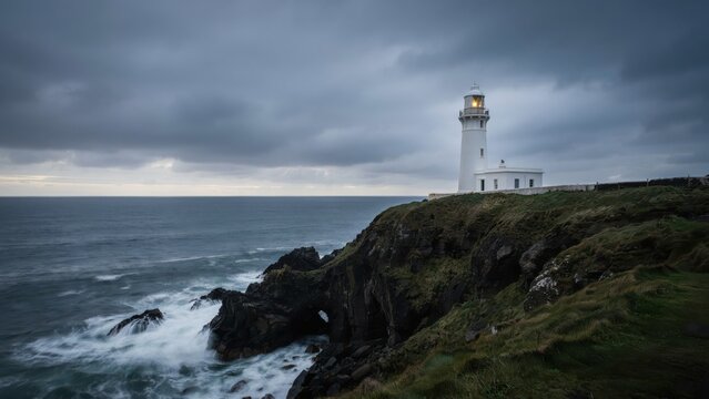 Coastal lighthouse on a rugged cliff under dark stormy clouds
