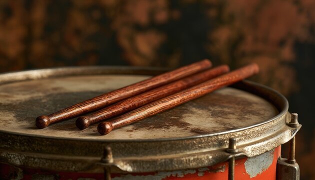 Vintage Drumsticks Resting on Old Red Drum.
