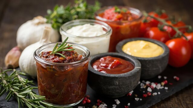 Assortment of gourmet sauces and fresh ingredients on slate board.