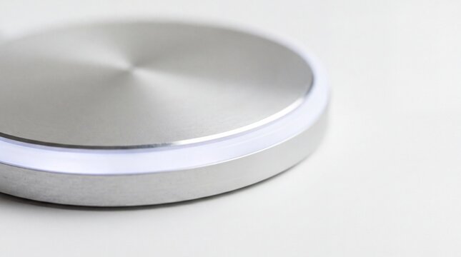 Minimalist tech accessories, a sleek brushed aluminum wireless charging pad with a soft led indicator