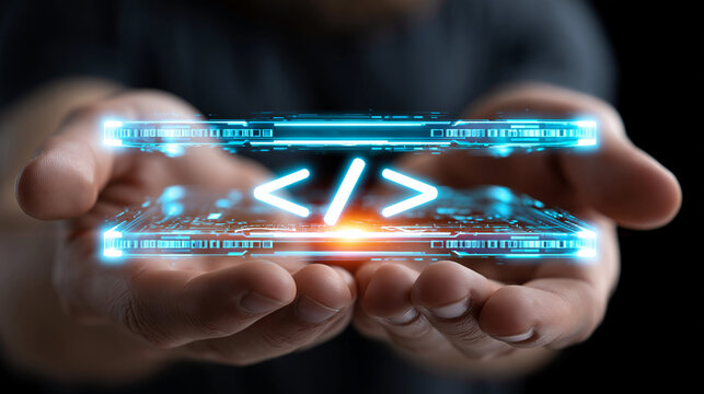 H&auml;nde halten leuchtendes Code-Symbol als digitales Technologiesymbol