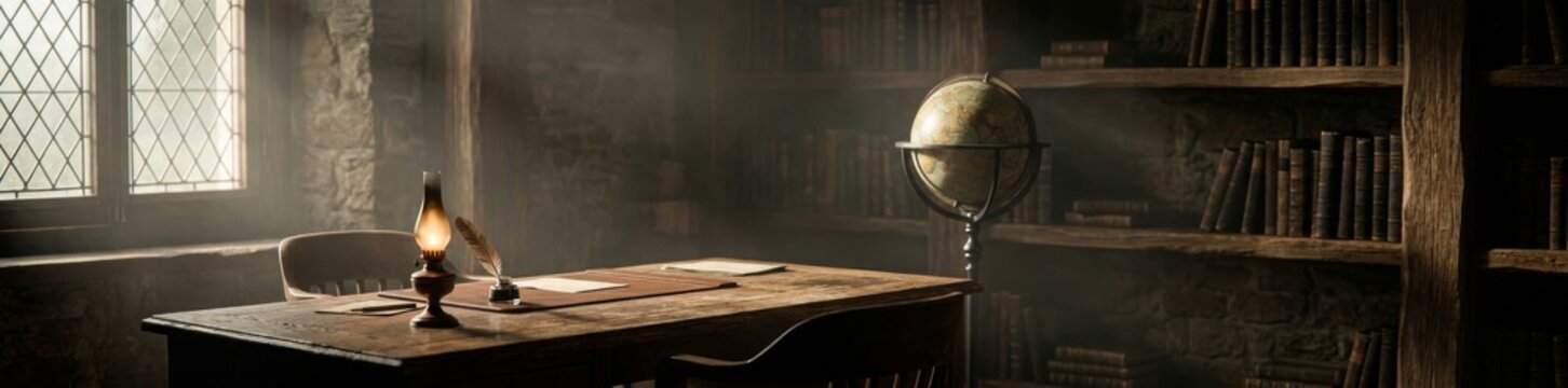 Vintage study room with wooden desk and globe
