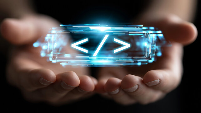 H&auml;nde halten leuchtendes Code-Symbol als digitales Technologiesymbol