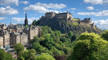 Naklejka premium Majestic Edinburgh Castle Overlooking the Historic Old Town Cityscape on a Sunny Day in Scotland