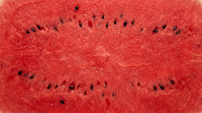 Macro close up of fresh red watermelon flesh texture with juicy pulp, tiny black seeds, and natural patterns, full frame fruit background
