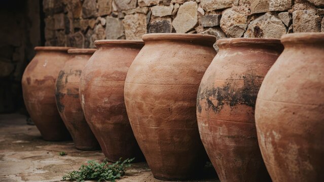 Row of large ancient clay pots standing next to a rustic stone wall