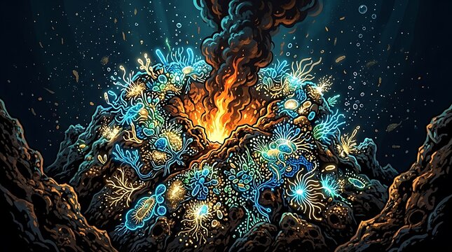 Hydrothermal vent and bioluminescent microorganisms on ocean floor