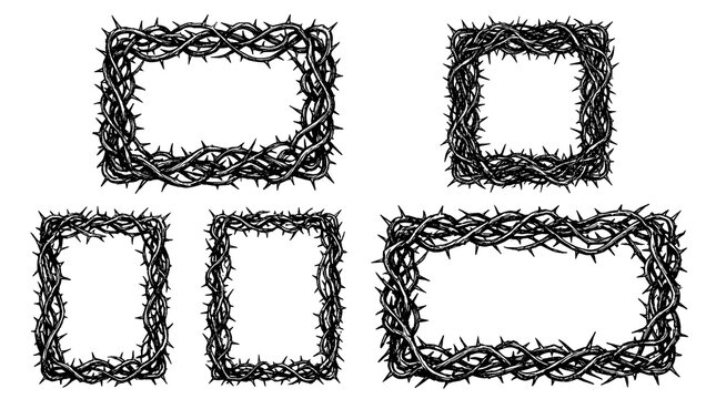 Set of rectangular frames made of crown of thorns isolated on white background