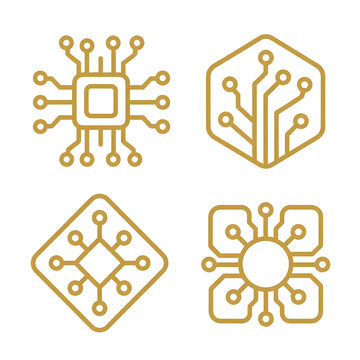 Set of 4 Golden CPU Microchip and Electronic Circuit Board Icons for Technology and AI Concepts