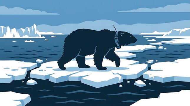 Polar bear with tracking collar on arctic ice