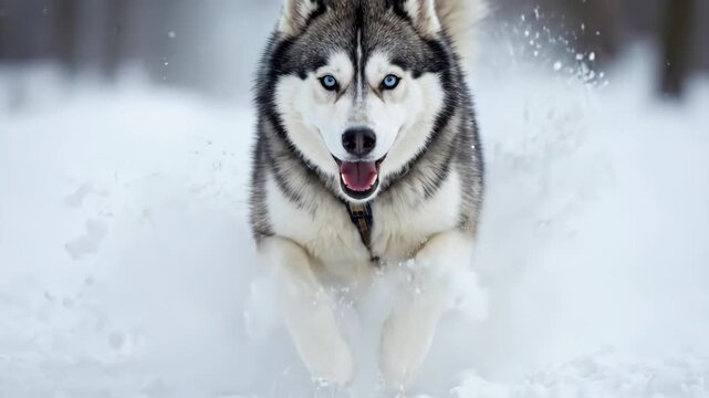 Majestic Siberian Husky with striking blue eyes running through deep winter snow.