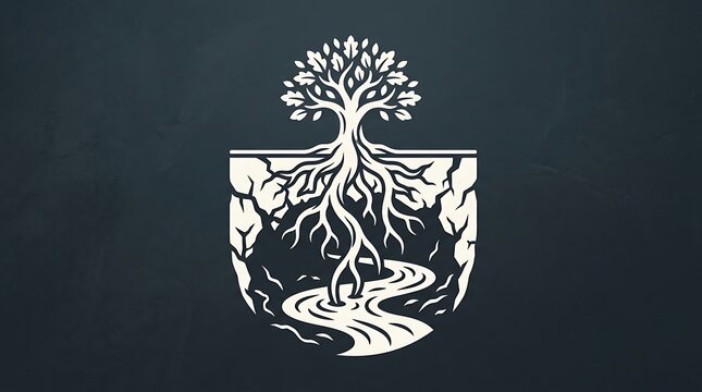 White tree illustration with root system and river